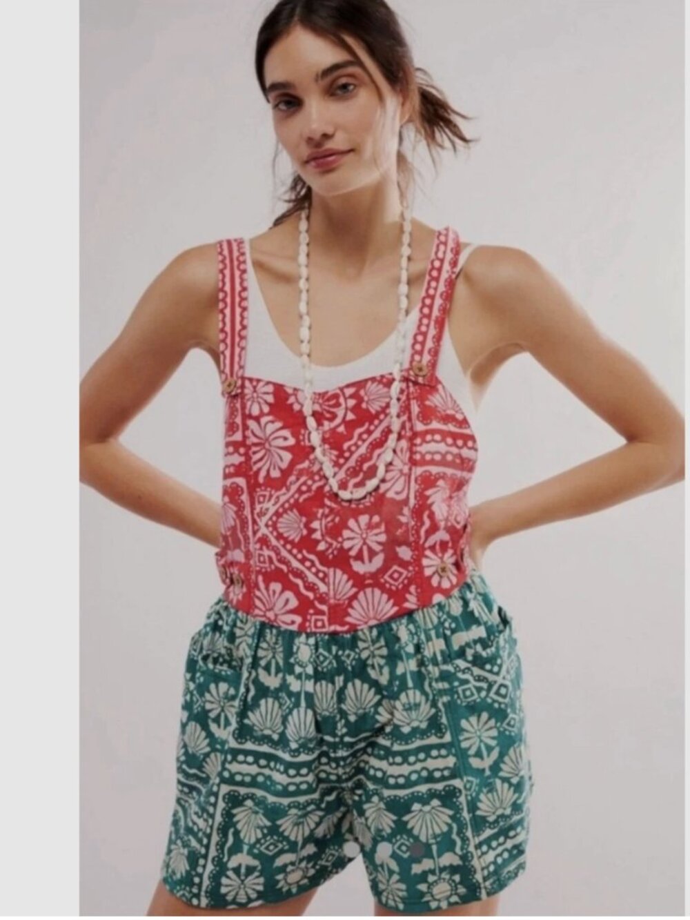 NEW Free People Romper Women Red Green Tropical Cotton Vacation Boho LARGE